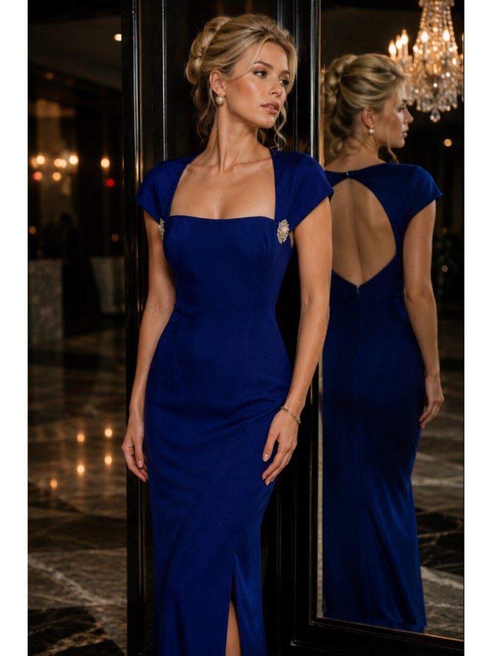 Caché Royal Blue Evening Gown Dress Open Back Pearl Rhinestone Detail Size 12
